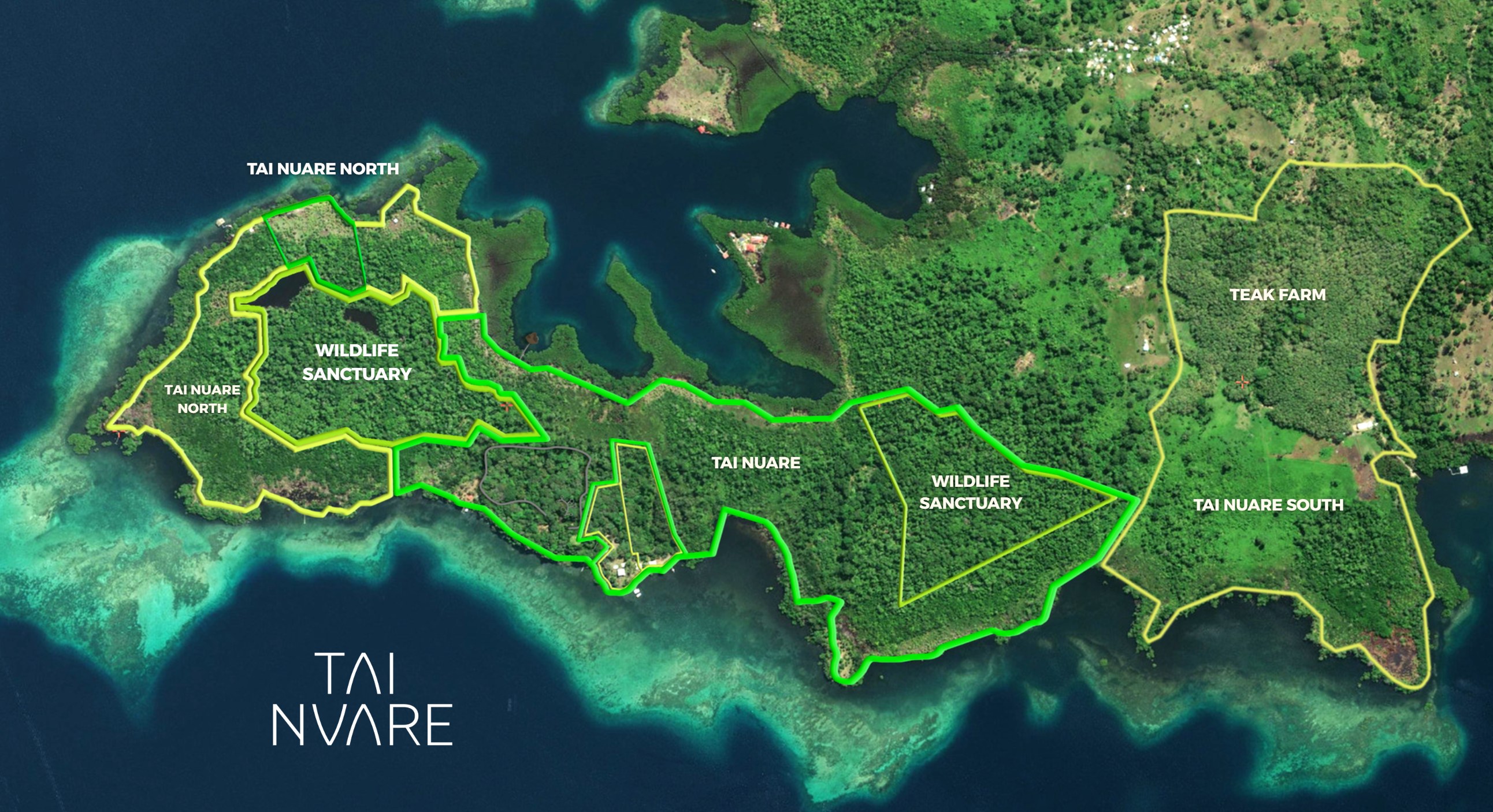 Tai Nuare master plan map showing the five integrated zones: Tai Nuare North, Wildlife Sanctuary, Tai Nuare, Teak Farm, and Tai Nuare South